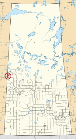 Karta provincije Saskatchewan koja prikazuje 297 ruralnih općina i stotine malih indijskih rezervata. Jedan je označen crvenim krugom.