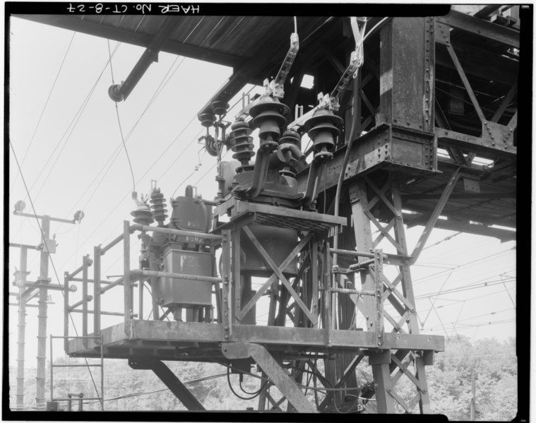 File:CIRCUIT BREAKERS AT SOUTH END OF BRIDGE, CATENARY ANCHOR BRIDGE 310, COS COB POWER PLANT - New York, New Haven and Hartford Railroad, Automatic Signalization System, Long Island HAER CONN,1-STAMF,2-27.tif