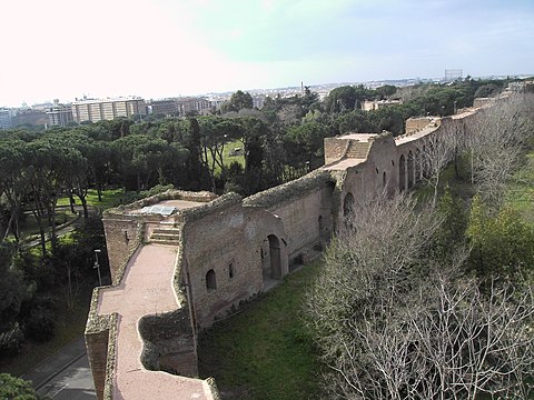 An interior view of the Aurelian walls near Porta San Sebastiano.