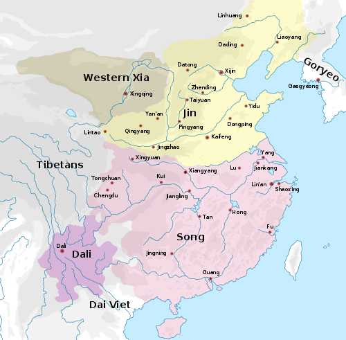 Southern Song in 1142. The western and southern borders remain unchanged from the previous map. However, the north of the Qinling Huaihe Line was under the control of the Jin dynasty. The Xia dynasty's territory generally remained unchanged. In the southwest, the Song dynasty bordered a territory about a sixth its size, the Dali dynasty.