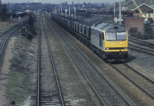 A train leaving Toton Sidings to deliver coal to nearby Ratcliffe-on-Soar Power Station