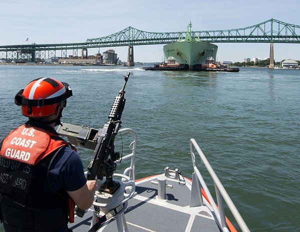 Coast Guard escorts an LNG tanker in Boston Harbor, 2016