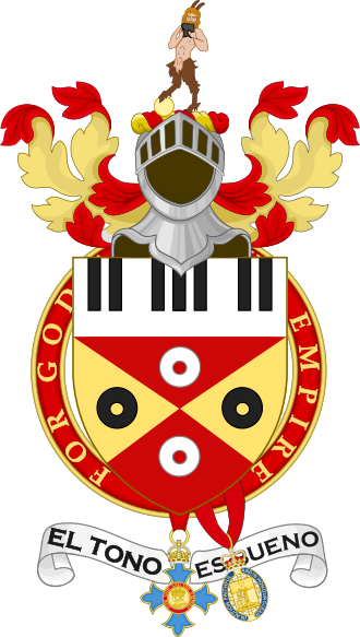 Sir Elton John's coat of arms. Granted to him in 1987, the shield includes piano keys and records. The Spanish motto, el tono es bueno, combines a pun on Elton John's name with the translation "the tone is good". The black, red and gold colours are also those of Watford F.C. The steel helmet above the shield faced forwards and with its visor open indicates that John is a knight. Coat of arms of Sir Elton John.svg
