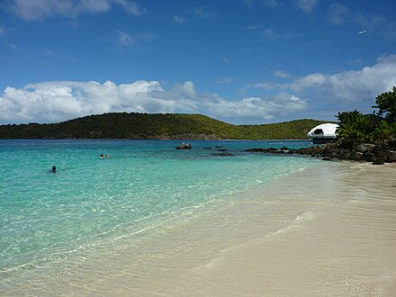 Coki Beach, with Coral World observatory tower and Thatch Cay in the distance CokiBeachStThomasUSVI1.JPG