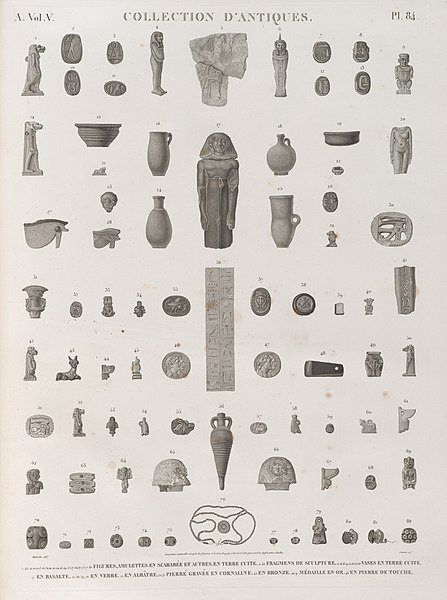 Pl.84 - 1-4.6-14.20.21.23.26-34.40-42.44.45.49-55.57.64.67-75.77-82. Figures, amulettes en scarabée et autres, en terre cuite 5.36. Fragmens de sculpture