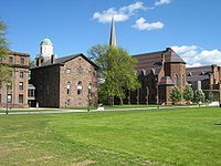 The rear of College Row: From left to right: North College, South College, Memorial Chapel, Patricelli '92 Theater (not pictured: Judd Hall) College row at wesleyan.jpg
