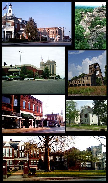 From top left: Northern side of square, Garden of the Gods, Saline County Courthouse and Clearwave Building, O'Gara mine tipple, southern side of squa