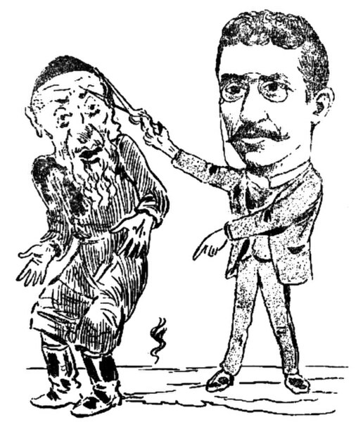 1899 caricature of Romanian Jewish journalist Sache Petreanu, an advocate of assimilation, cutting off the payot of an observant Jew (by Constantin Ji