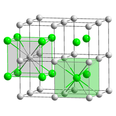 27 small grey spheres in 3 evenly spaced layers of nine. 8 spheres form a regular cube and 8 of those cubes form a larger cube. The grey spheres represent the caesium atoms. The center of each small cube is occupied by a small green sphere representing a chlorine atom. Thus, every chlorine is in the middle of a cube formed by caesium atoms and every caesium is in the middle of a cube formed by chlorine.