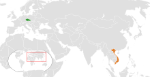 Česko (zelená) a Vietnam (oranžová) na mapě Eurasie