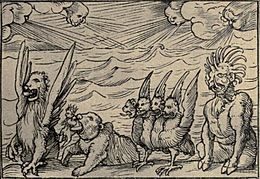 Daniel's vision of the four beasts - woodcut by Hans Holbein the Younger Daniel 4 Beasts.JPG