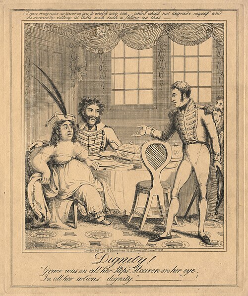 Caroline of Brunswick and Bartolomeo Pergami, with Pechell defending the Prince of Wales's honour in a contemporary cartoon