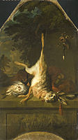 Still Life with Dead Hare and Partridges. 1717. oil on canvas medium QS:P186,Q296955;P186,Q12321255,P518,Q861259 . 100 × 80 cm. Amsterdam, Rijksmuseum Amsterdam. Inventory number SK-A-2097.