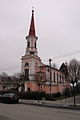 Doubrava (Karviná) kostel sv. Hedviky, při rekonstrukci a opravě kostela změněna střecha nad schodištěm na kůr a odstraněn sanktusník. (2013)