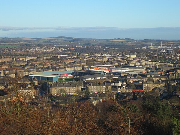 Dundee's Dens Park and United's Tannadice Park pictured from the Dundee Law, 2014.