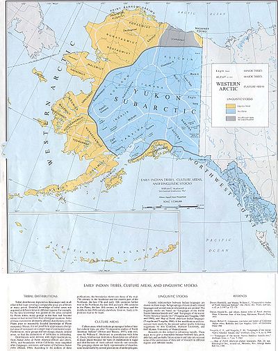 Alaska Natives:
A-- Na-Dene-speaking peoples:
a-- Yukon Subarctic : Alaskan Athabaskans
b-- Northwest Coast : Eyak, Tlingit, Haida, and Tsimshian
B-- Eskimo-Aleut-speaking peoples:
a-- Unangan (Aleut)
b-- Sugpiaq (Alutiiq): West Sugpiaq (Kaniagmiut) ve East Sugpiaq (Chugachigmiut)
c-- Central Alaskan Yup'ik (Ogulmiut, Togiagamiut, Nushagagmiut, Kuskokwagmiut, Kaialigamiut, Magemiut, Ikogmiut, Unaligmiut)
d-- Nunivak Cup'ig (Nunivagmiut)
e-- Inupiat (Kaviagmiut, Kinugumiut, Malemiut, Noatagmiut, Nunatagmiut, Oturkagmiut, Killirmiut, Kopagmiut, Kugmiut, Utkiavigmiut, Point Barrow Eskimo) and Uummarmiut (Mackenzie Eskimo)
f-- Siberian Yupik (St. Lawrence Island Eskimo) Early Indian Languages Alaska.jpg