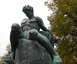 Carl Eldh's grand statue of Strindberg in Tegnerlunden, Stockholm. Dubbed The Titan, it represents Strindberg as Prometheus, tormented for defying the Gods. Eldstrindbergmonument.jpg