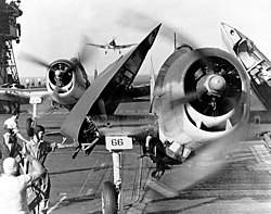 VF-10 Grumman F6F Hellcats returning to the USS Enterprise in 1944. F6F-3 fighters landing on USS Enterprise (CV-6).jpg