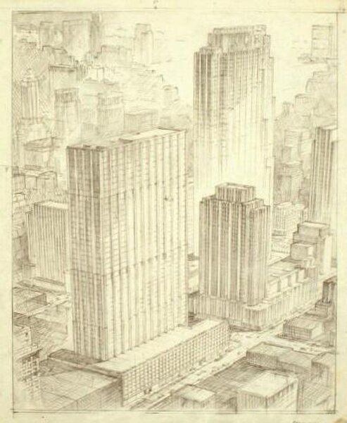 Bird's-eye view of Rockefeller Center, from the Hugh Ferriss architectural drawings and papers