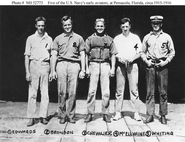 Kenneth Whiting is at far right in this photograph of five early American naval aviators at the Naval Aeronautic Station in Pensacola, Florida.