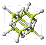 Unit cell of polonium dioxide (cubic modification). Po: white; O: yellow. Fluorite-unit-cell-3D-balls.png