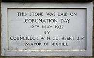 Inscription: This stone was laid on Coronation Day 12th May 1937 by Councillor W.N. Cuthbert. J.P. Mayor of Bexhill