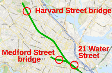 A map of the GLX corridor with the Medford Street bridge, Harvard Street bridge, and 21 Water Street circled