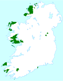 Carte d'Irlande montrant les régions, majoritairement à l'Ouest, ayant une majorité d'irlandophones.