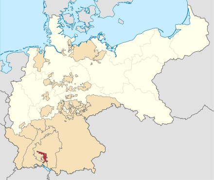 Hohenzollern region, in present-day Baden-Württemberg, Germany (red color) and their Prussian cousins' kingdom (light beige)
