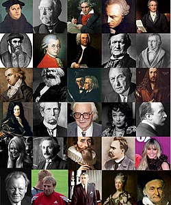 1. řada: Martin Luther • Otto von Bismarck • Ludwig van Beethoven • Immanuel Kant • Johann Wolfgang von Goethe\n\n2. řada: Johannes Gutenberg • Wolfgang Amadeus Mozart • Johann Sebastian Bach • Richard Wagner • Georg Wilhelm Friedrich Hegel\n\n3. řada: Friedrich Schiller • Karl Marx • Bratři Grimmové • Konrad Adenauer • Albrecht Dürer\n\n4. řada: Gottfried Wilhelm Leibniz • Karl Benz • Konrád Zuse • Marlene Dietrich • Max Planck\n\n5. řada: Claudia Schiffer • Albert Einstein • Johannes Kepler • Friedrich Nietzsche • Heidi Klumová\n\n6. řada: Willy Brandt • Jürgen Klinsmann • Wernher von Braun • Kateřina II. Veliká • Carl Friedrich Gauss