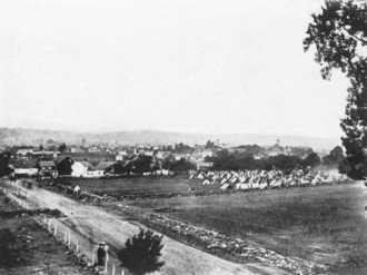 General photo of Gettysburg taken around the time of the 1863 battle there (Carl Schurz, "Reminiscences, Vol. 3, McClure Publishing Co., 1907, public domain). Gettysburg.png