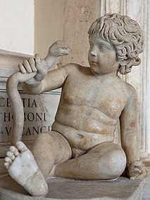 Baby Heracles strangling a snake sent to kill him in his cradle (Roman marble, 2nd century AD)