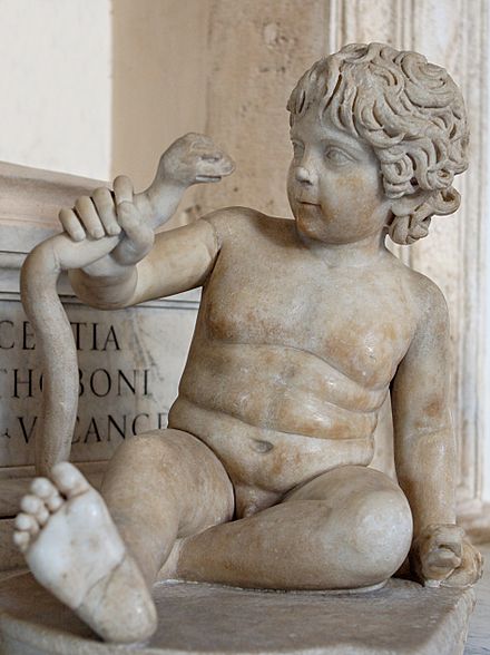 Heracles as a boy strangling a snake (marble, Roman artwork, 2nd century CE). Capitoline Museums in Rome, Italy