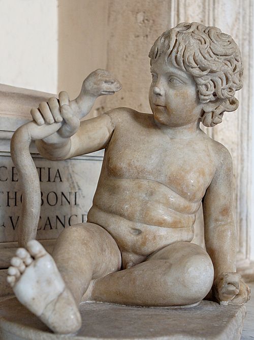Baby Hercules strangling a snake sent to kill him in his cradle (Roman marble, 2nd century CE, in the Capitoline Museums of Rome, Italy).