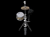 10 inch mini-hats with (1) hi-hat rod and clutch (2) tom and cowbell holder (3) hi-hat legs and pedal