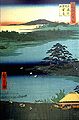 Un pin aux manches pendantes sur l'étang Senzoku. De la série "100 vues d'Edo". Hiroshige. 1832. Gravure sur bois en couleur.