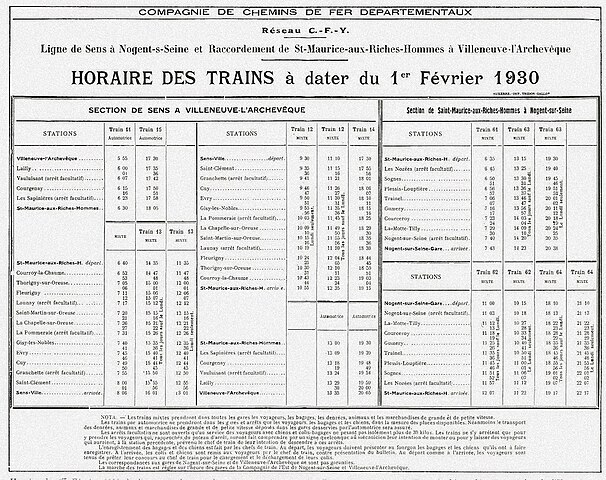 File Horaires Ligne Cfy Sens A Nogent Et Villeneuve L Arch 1er Fevrier 1930 Jpg Wikimedia Commons