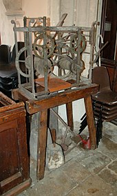 Disused turret clock now in the nave of St Giles' parish church Horspath StGiles clock1.jpg