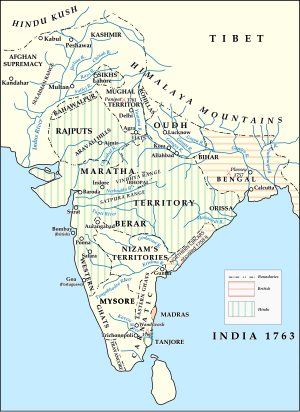 Political situation in India at the end of the Seven Years' War India 1763 EN.svg