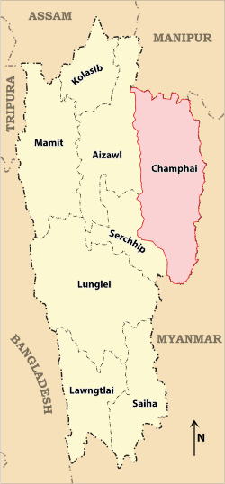 Champhai bölgesinin Mizoram şehrindeki konumu