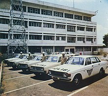 A fleet of Volvo 144's being used as police cars in 1976, a result of Liem's close relationship with the Indonesian government. Indonesian police cars, Sekilas Lintas Kepolisian Republik Indonesia, p37.jpg