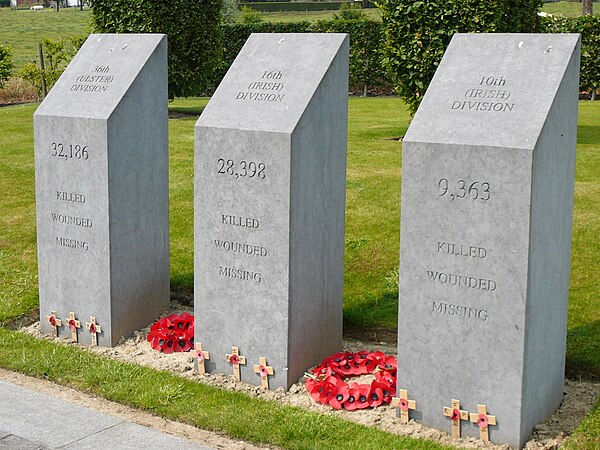 The three pillars giving the killed, wounded and missing of the three voluntary Irish Divisions.