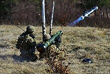 A U.S. soldier firing a Javelin. Javelin of 2nd Battalion, 503rd Infantry Regiment, 173rd Airborne Brigade, Exercise Rock Sokol at Pocek Range in Postonja, Slovenia, March 9, 2016.jpg