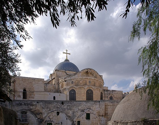 The Church of the Holy Sepulchre in Jerusalem – a centre of pilgrimage long shared and disputed between the Catholic, Eastern Orthodox, and Oriental Orthodox churches.