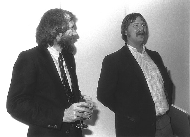 Jim Henson with Ken Williams, promoting The Dark Crystal game, inspired by Henson's 1982 fantasy film