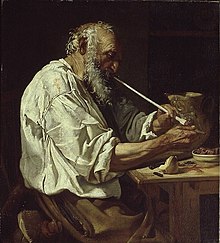 Старик-крестьянин раскуривающий трубку. 1660