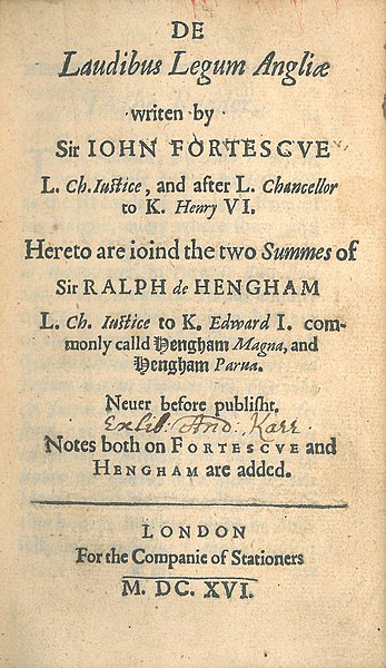 The title page of Fortescue's De laudibus legum Angliæ (In Commendation of the Laws of England, 1616 edition)