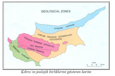 Kıbrıs Adası'nın jeolojik bölgelerini gösteren harita