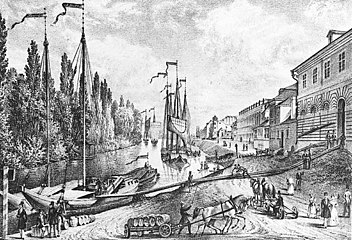 Karlínský přístav a Pobřežní ulice, rok 1850
