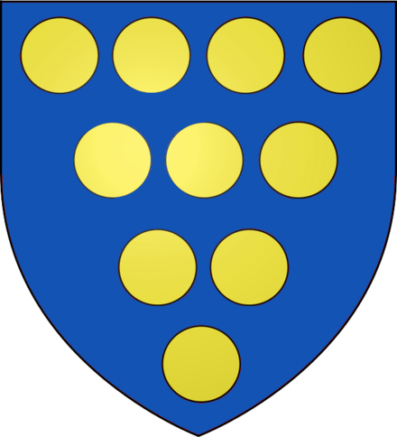 Arms of Zouche of Lubbesthorpe: Azure, ten bezants 4, 3, 2, 1, being a difference of the arms of the senior line of Zouche which has a field gules[1]